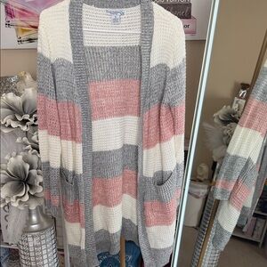 Expressions Gray, Pink, and Cream Striped Cardigan